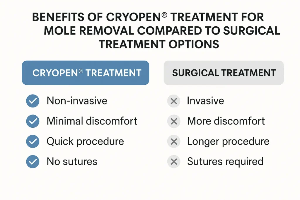 Table to show the benefits of getting moles removed Haverhill from LA LIPO
