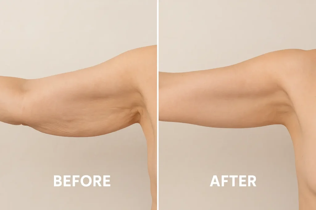 Picture of LA LIPO Haverhill before and after results of skin tightening treatment on the upper arms.