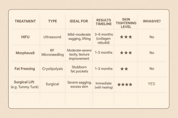 Table showing the comparisons of Skin tightening Haverhill treatment options.
